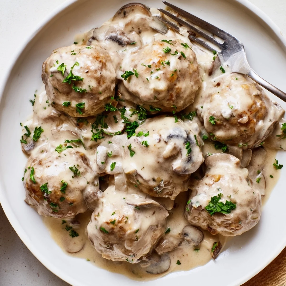 Golden-brown turkey meatballs in a creamy mushroom stroganoff sauce served over tender egg noodles.  