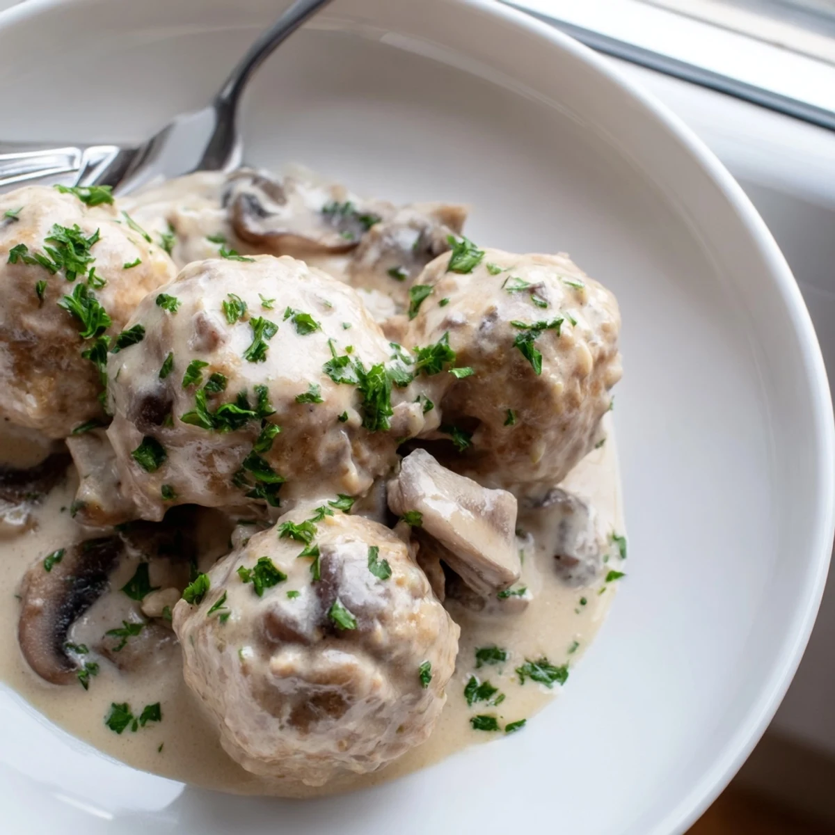 A close-up of savory turkey meatball stroganoff garnished with fresh parsley on egg noodles.  