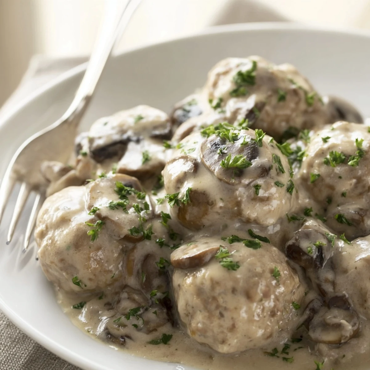 Hearty turkey meatball stroganoff, a Russian-American classic, plated with a creamy mushroom sauce.