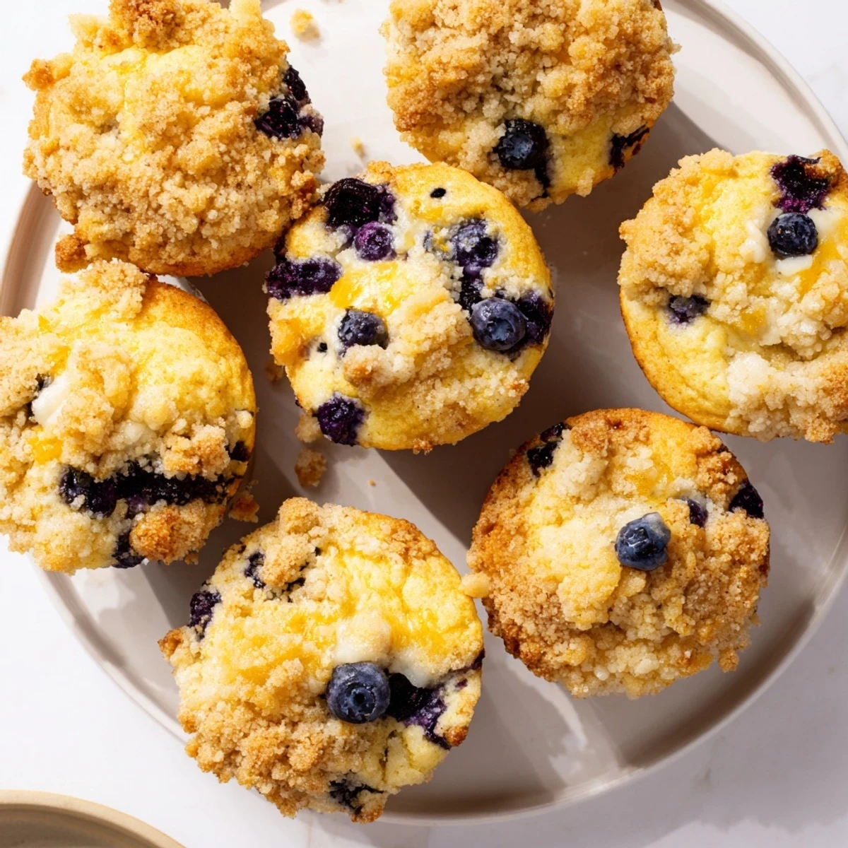 Frosted with crumbly streusel, these Lemon Blueberry Muffins showcase golden edges and bursting berries on a cooling rack.