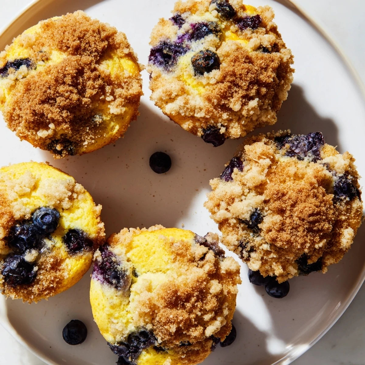 Fresh from the oven, Lemon Blueberry Muffins rest on a wire rack with scattered crumbs and bright fruit.