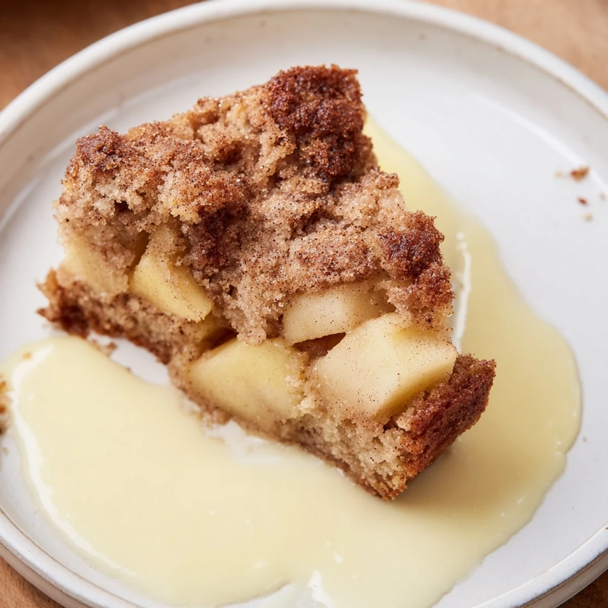 Freshly baked Irish Apple Cake with Custard on a rustic plate, showcasing moist cake layers and a generous pour of golden homemade custard.