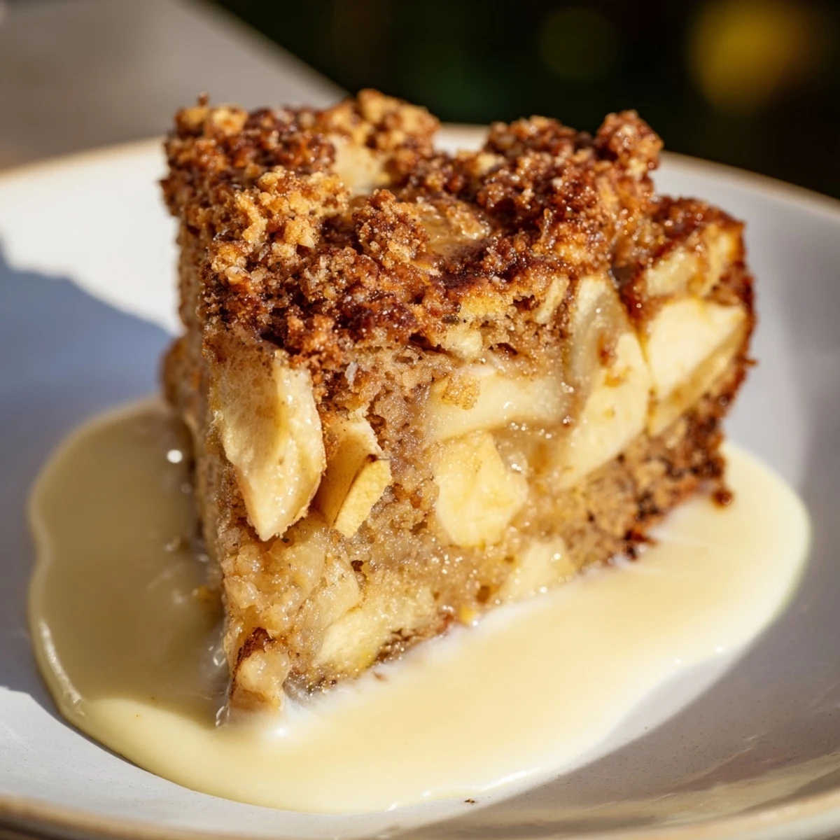 A slice of warm Irish Apple Cake with Custard, featuring tender spiced apples and a crunchy sugar crust, drizzled with creamy vanilla custard.