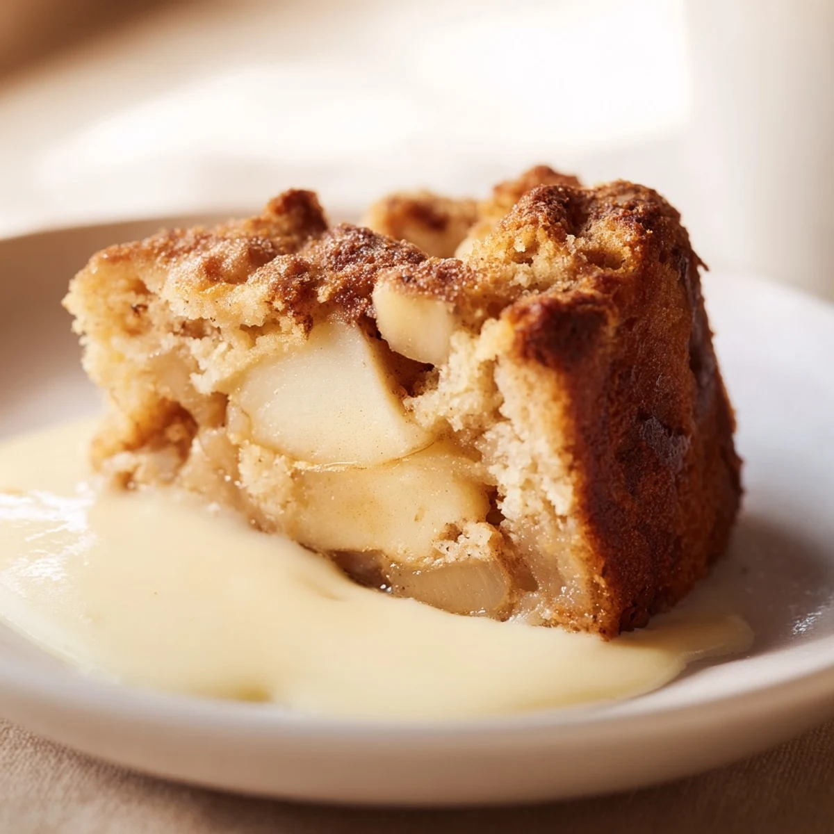 Overhead view of Irish Apple Cake with Custard, highlighting sliced apples and a dusting of powdered sugar beside a steaming cup of tea.