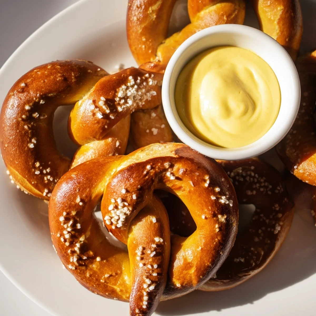 Eight golden Game Day Soft Pretzels with Cheese Dip arranged on a rustic board beside a small bowl of creamy dip.