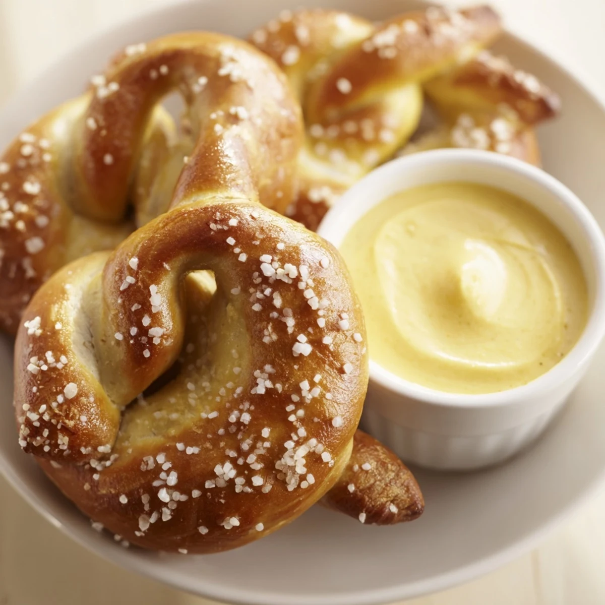 Freshly baked Game Day Soft Pretzels with Cheese Dip, showing fluffy insides and melted cheddar sauce ready for dipping.