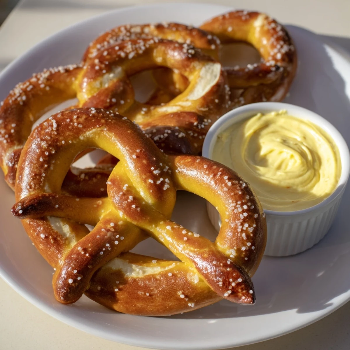 Close-up of Game Day Soft Pretzels with Cheese Dip, coarse salt on top and a warm, inviting texture.