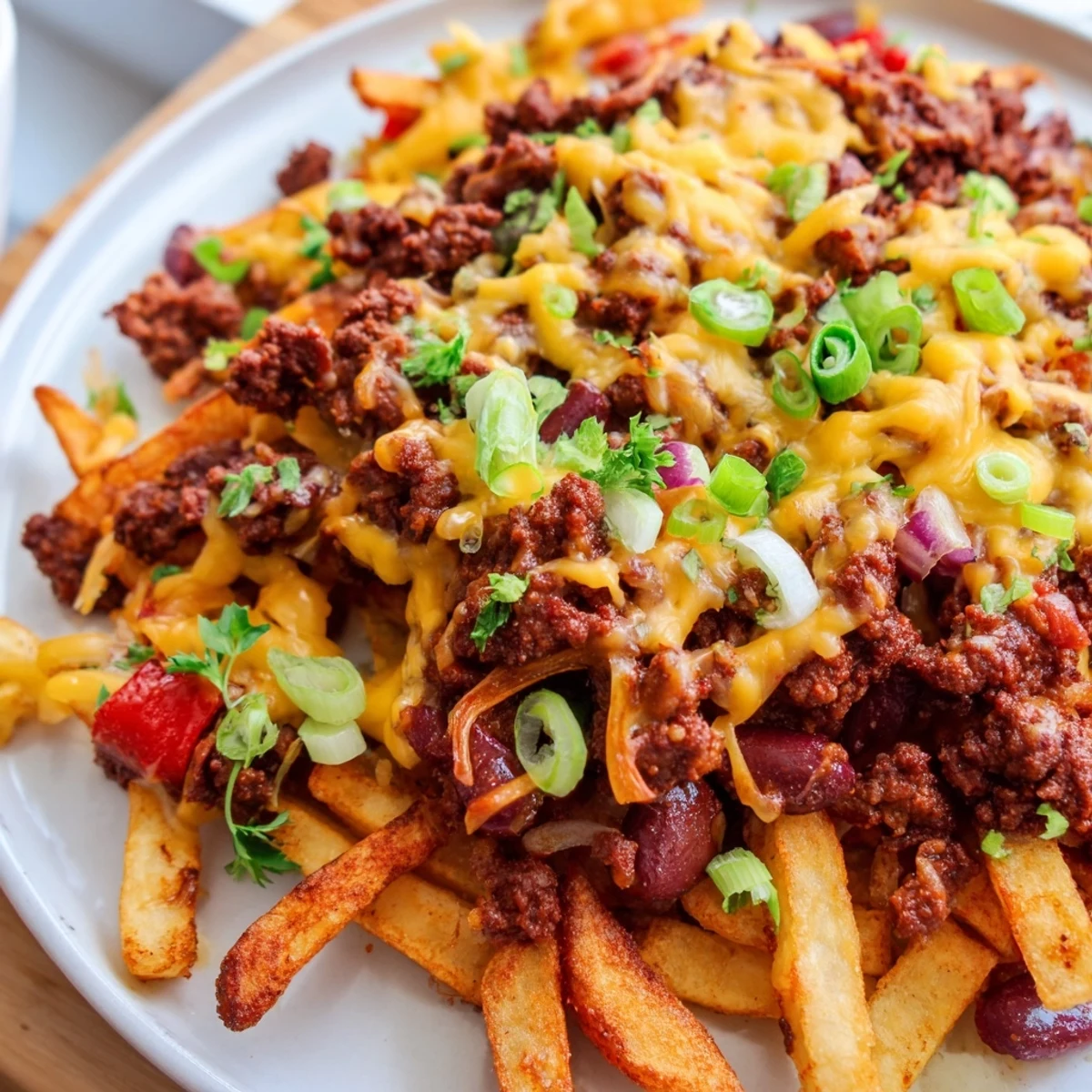 A close-up view shows bubbling cheese and a sprinkle of green onions over the loaded chili cheese fries.