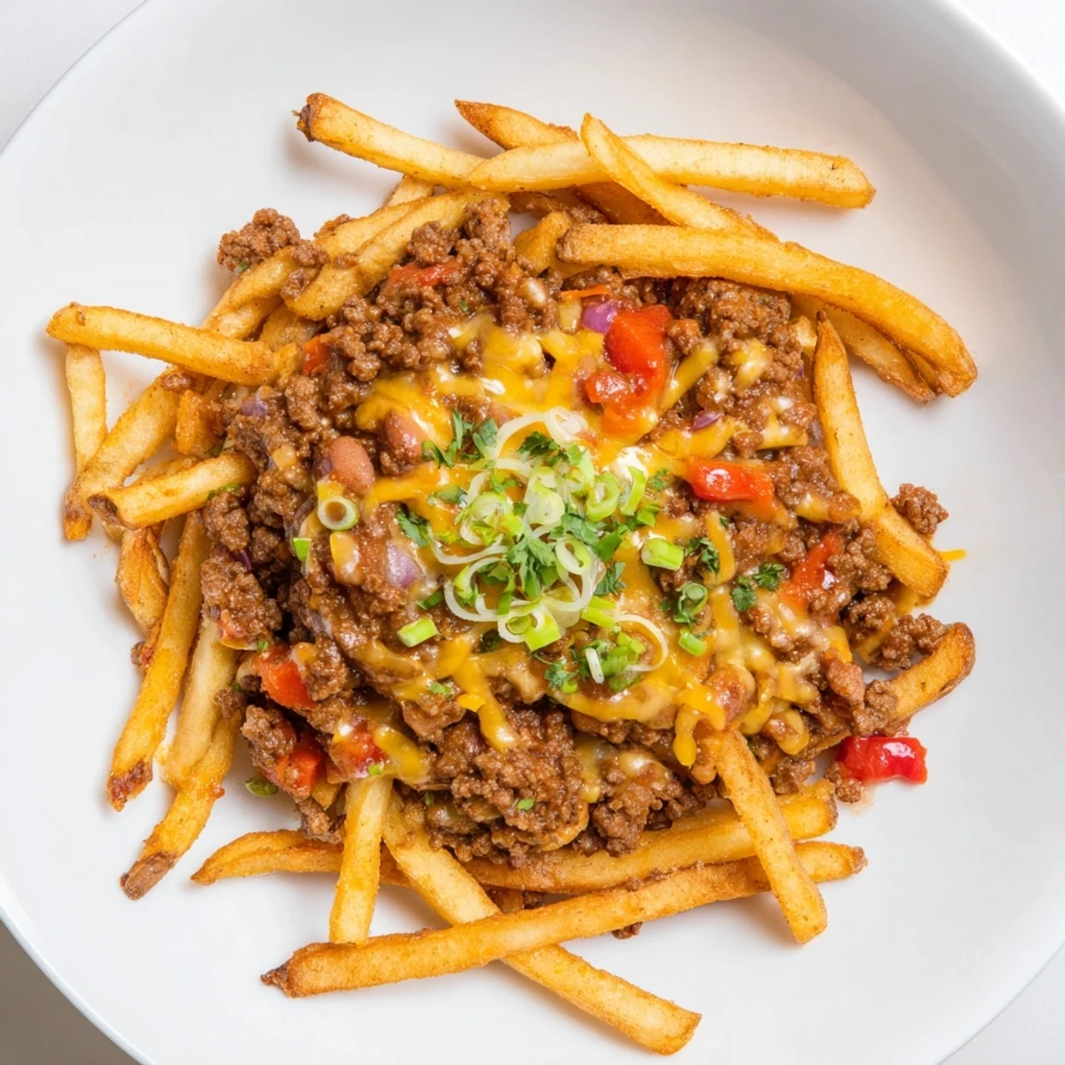 Steam rises from the warm, spicy chili topping on these fries, perfect for a game day snack platter.