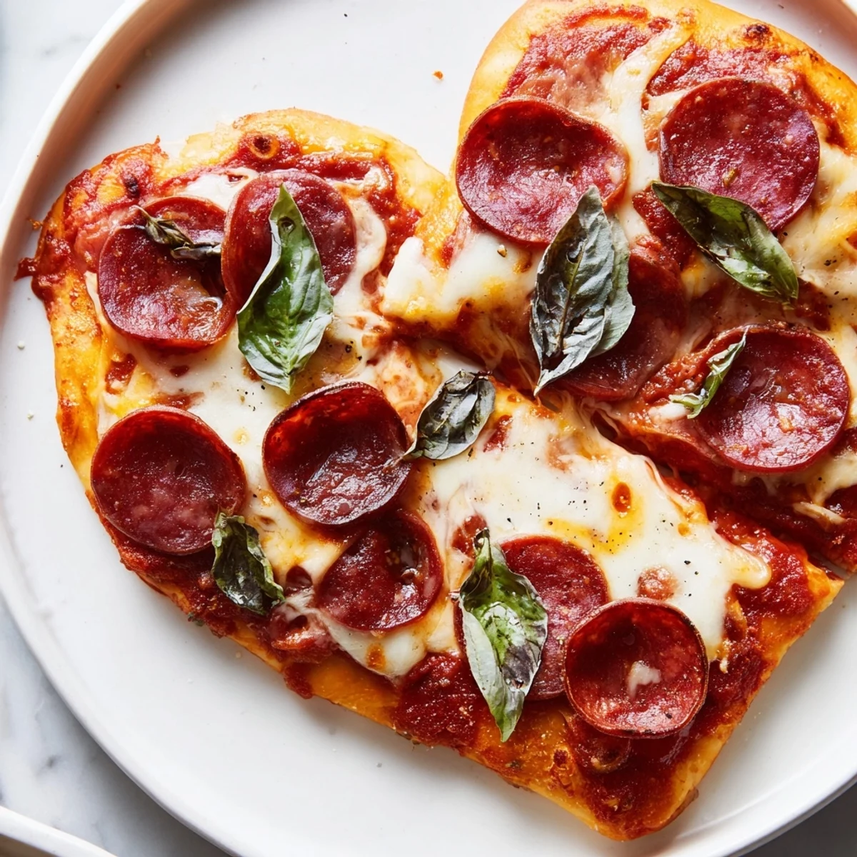 A close-up view of a heart-shaped halal pepperoni pizza, revealing steamy melted cheese and zesty tomato sauce.