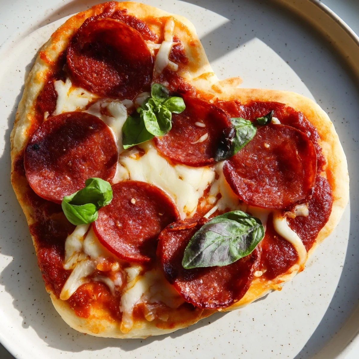 Freshly baked heart-shaped halal pepperoni pizza with golden, bubbly mozzarella on a rustic wooden table.