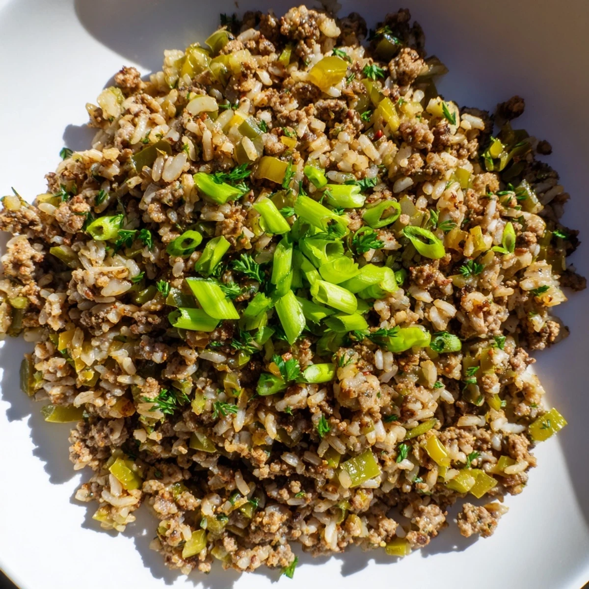 A close-up of Cajun Dirty Rice with Ground Turkey, featuring tender rice, browned turkey, diced bell peppers, and fresh green onions garnish.