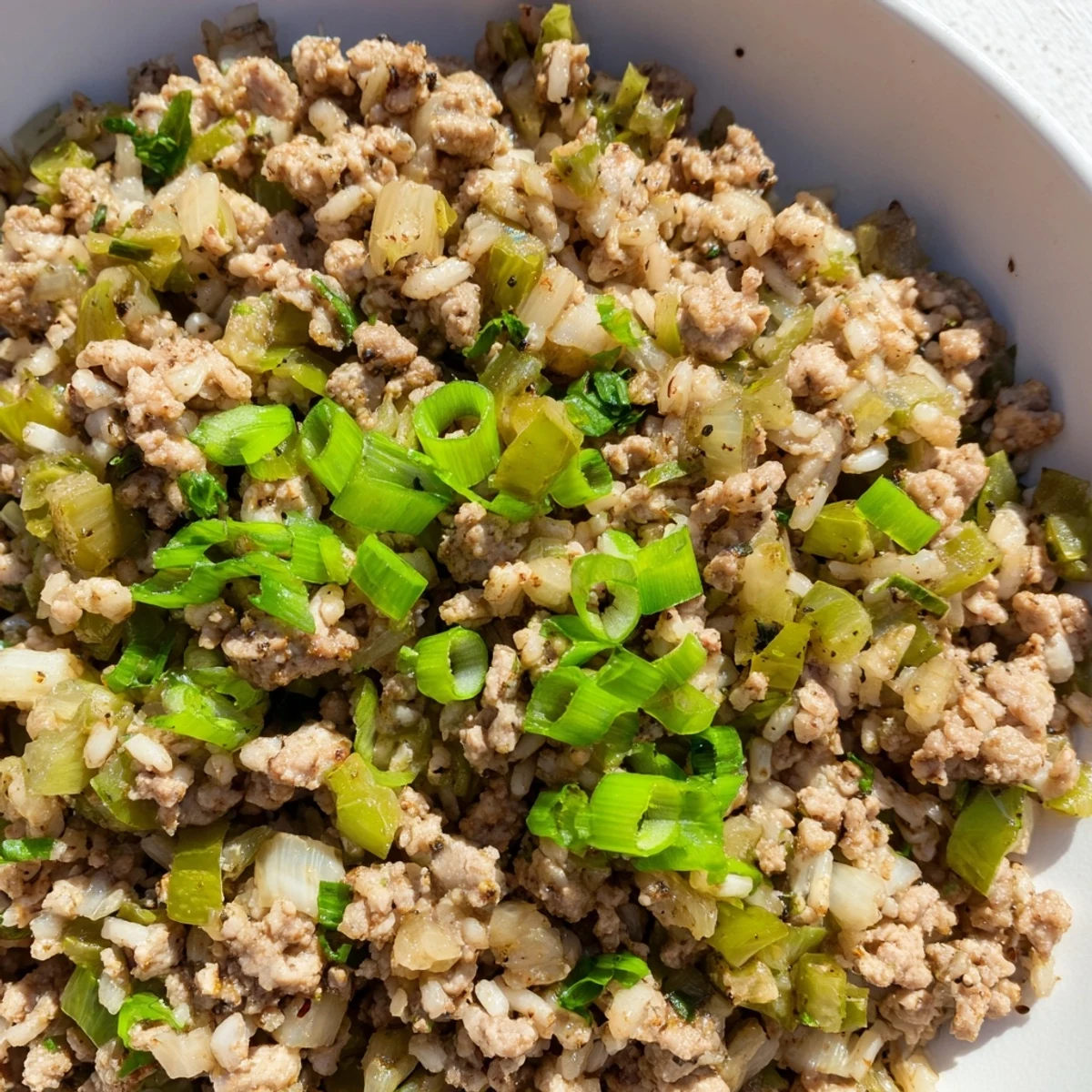 Overhead view of a skillet of Cajun Dirty Rice with Ground Turkey, studded with aromatic vegetables and flecked with fresh parsley and green onions.