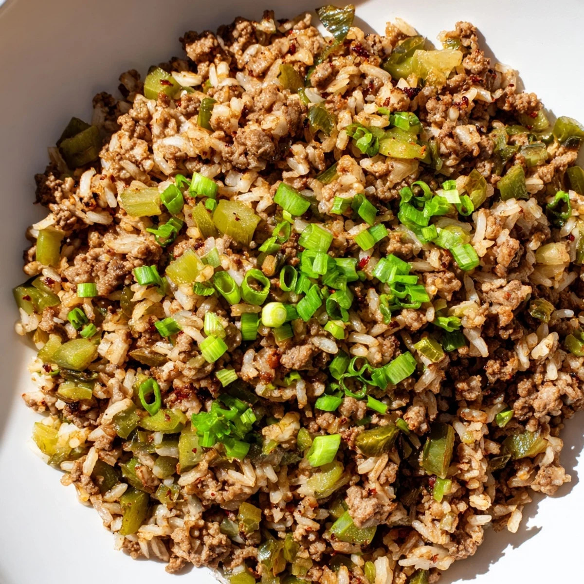 Steaming bowl of Cajun Dirty Rice with Ground Turkey, served alongside sautéed collard greens for a classic Southern family dinner plate.