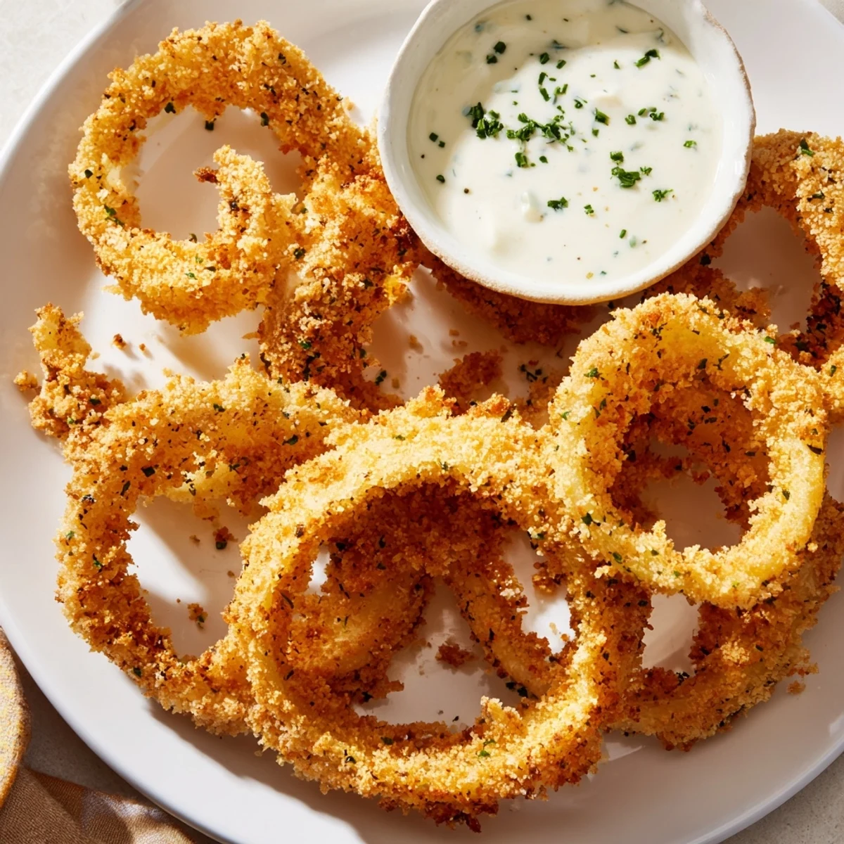 Close-up view of Touchdown Crispy Onion Rings with Ranch showing panko crumbs and fresh herbs.