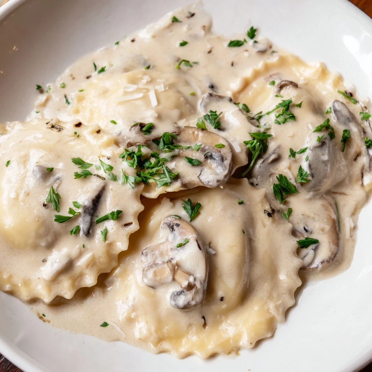 Golden-brown, pan-seared mushroom ravioli swimming in a silky Parmesan cream sauce, drizzled with black truffle oil.  