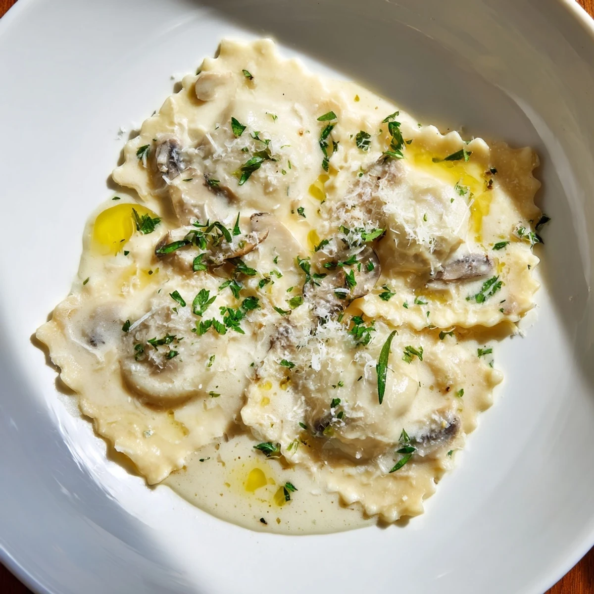 Freshly made Date Night Mushroom Ravioli garnished with parsley, served elegantly on a white ceramic plate.  