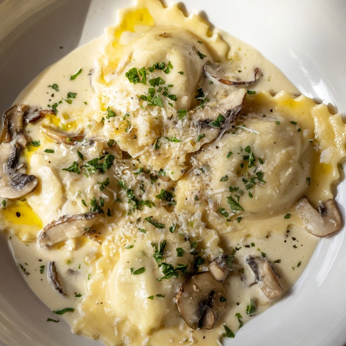 Steaming homemade Date Night Mushroom Ravioli with a rich truffle oil finish, perfect for a romantic Italian dinner.