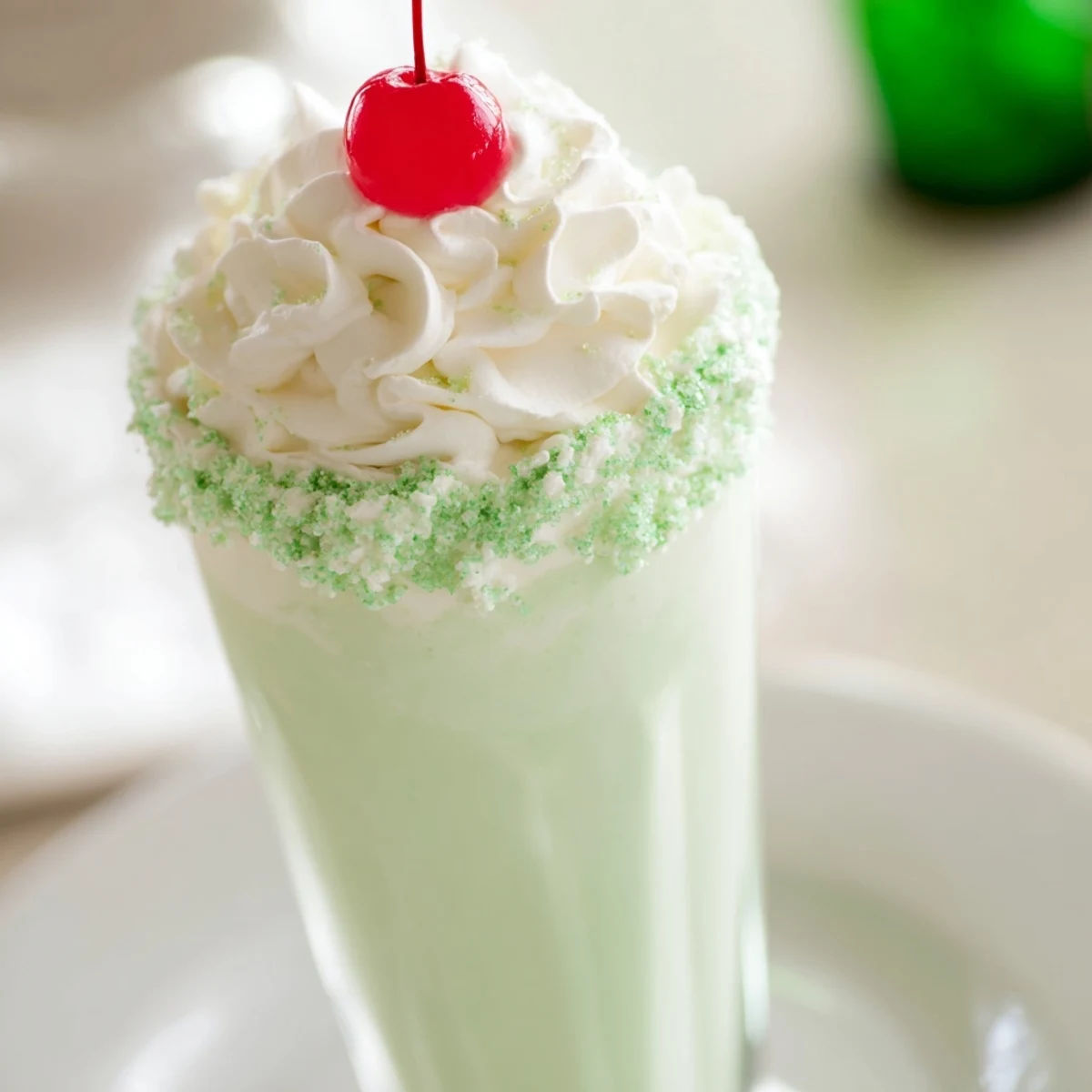Creamy Shamrock Shake with Whipped Cream in a tall glass, topped with fluffy cream and green sprinkles for St. Patrick's Day.