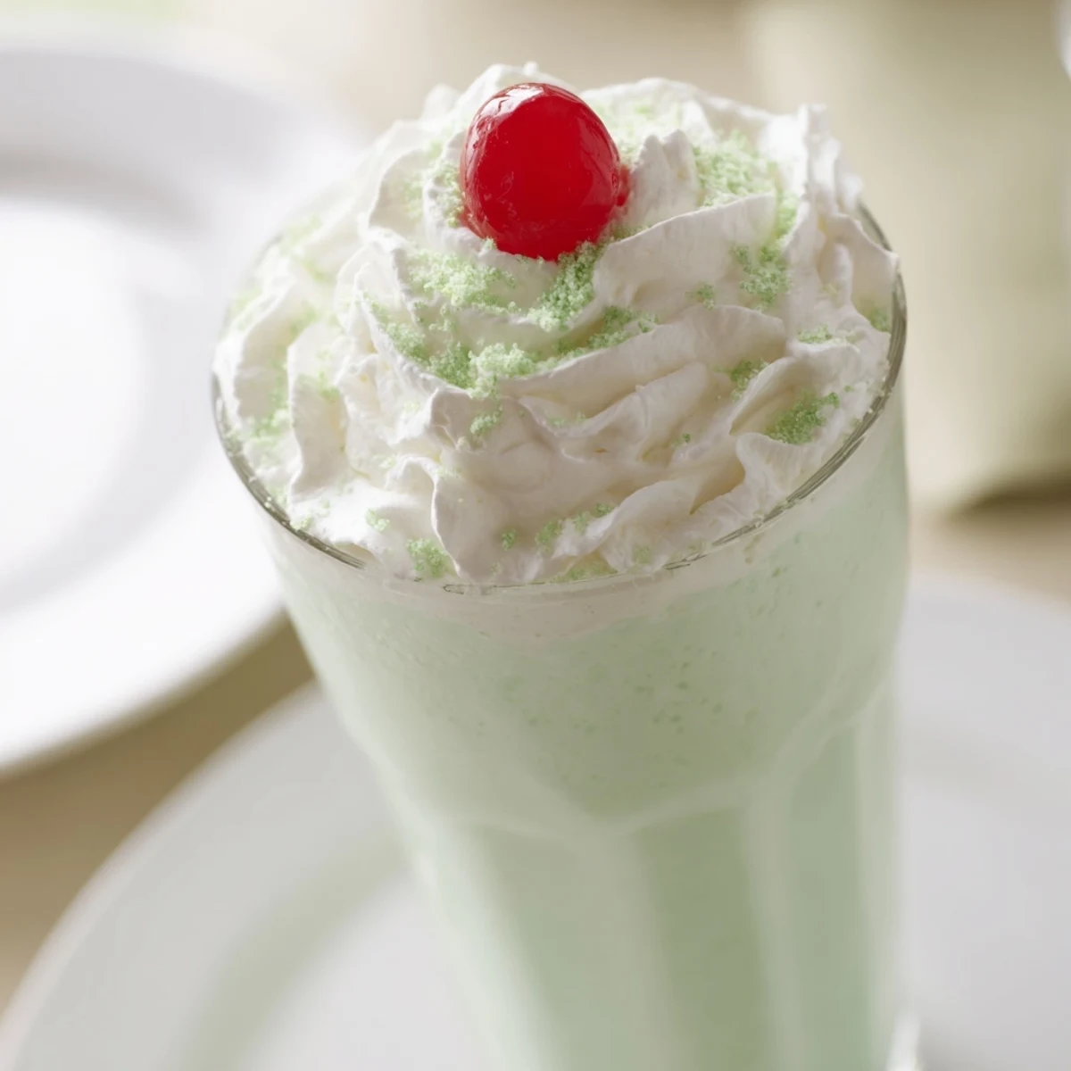 A refreshing Shamrock Shake with Whipped Cream poured into a chilled glass, garnished with a maraschino cherry and minty green color.
