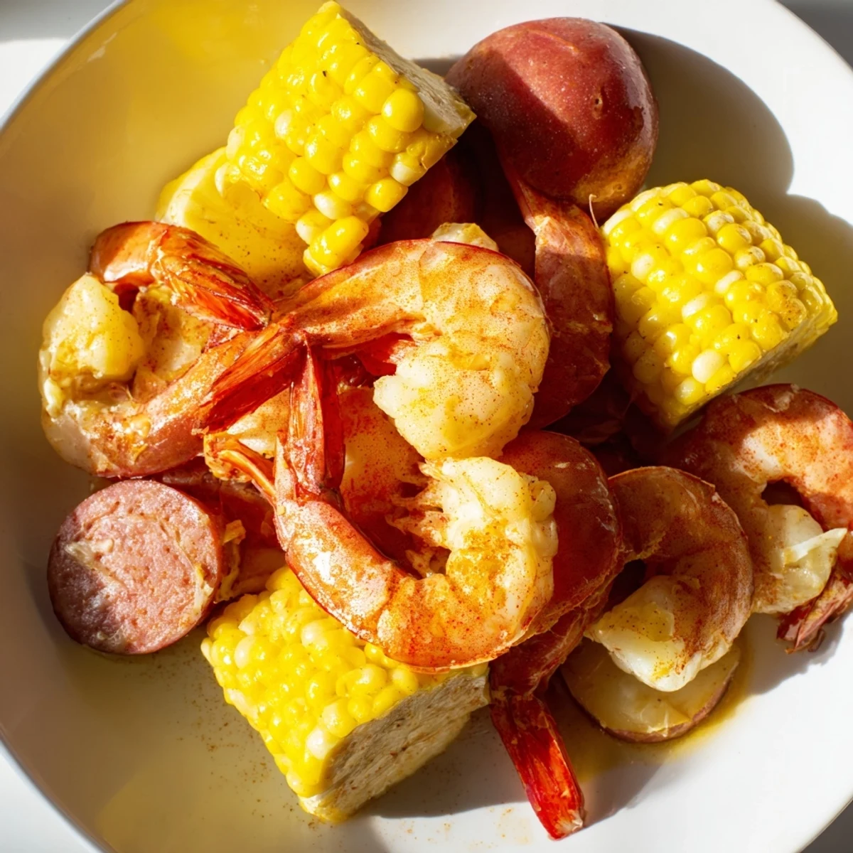 A vibrant Creole Seafood Boil with shrimp, crab legs, andouille sausage, corn, and potatoes in a zesty broth, served on a platter with lemon wedges and melted butter.  