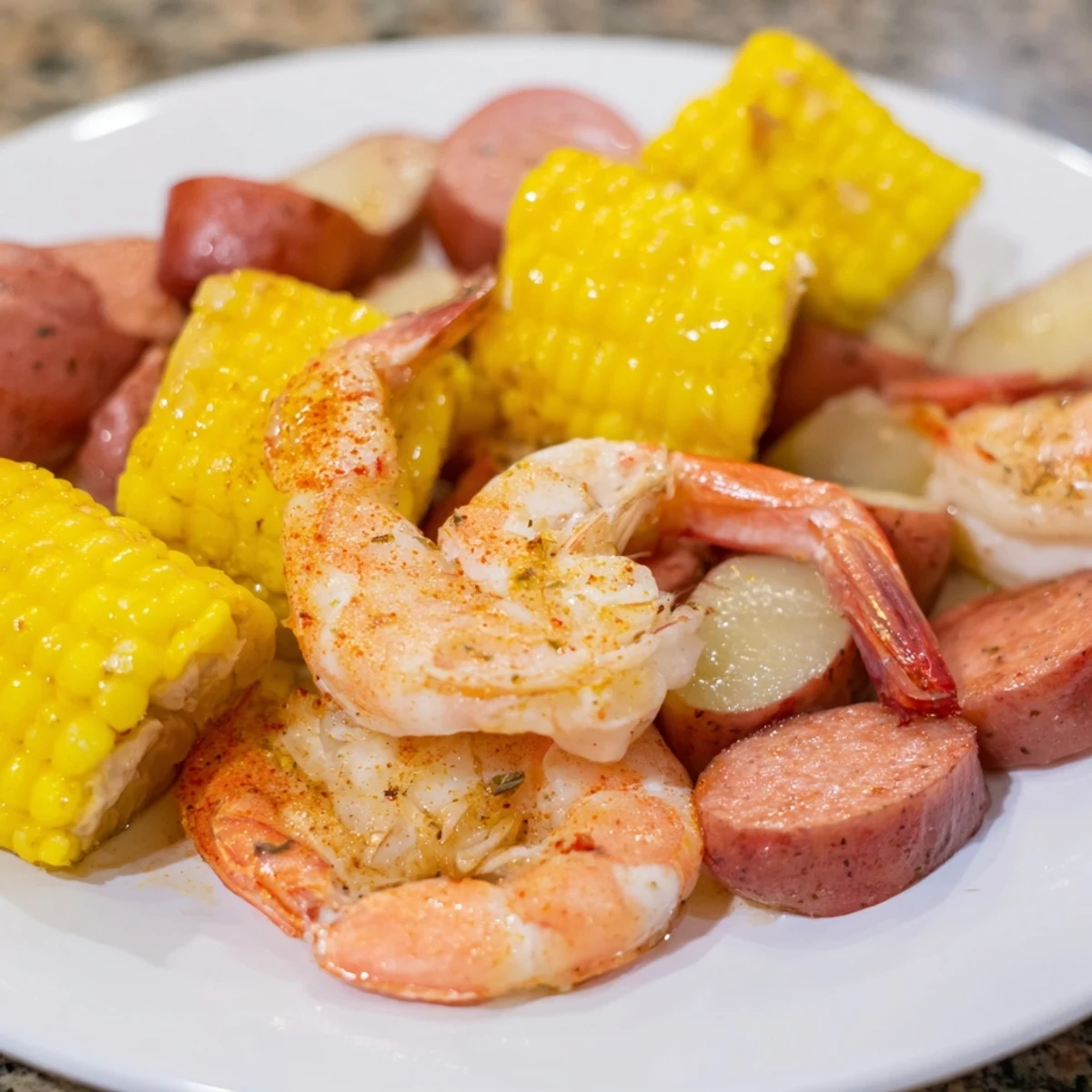 A casual serving of Creole Seafood Boil with shrimp, crab legs, sausage, potatoes, and corn, spread over newspaper with lemon wedges and melted butter.