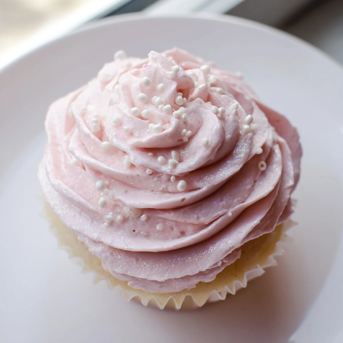 Moist Pink Champagne Cupcakes served on a platter, perfect for birthday parties and baby showers.