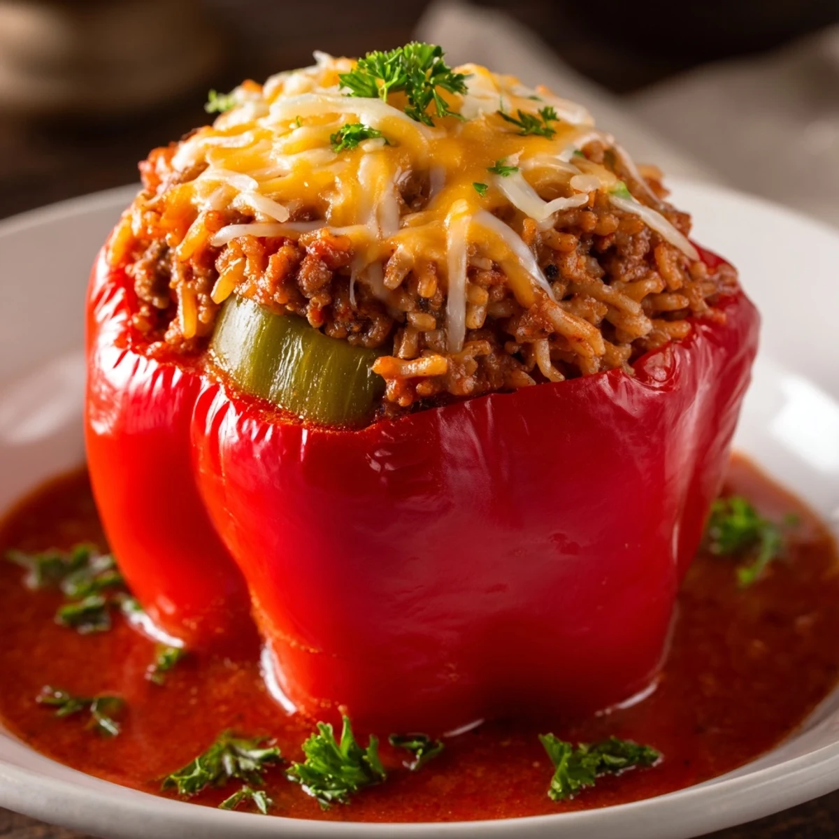 Four vibrant bell peppers, stuffed with Creole-spiced beef and rice, are baked tender in tomato sauce and topped with melted cheese.