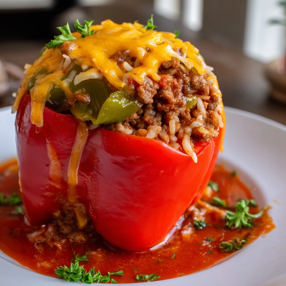 Golden baked Creole Stuffed Peppers with Rice and Beef reveal a savory filling inside, steam rising and parsley sprinkled on top.