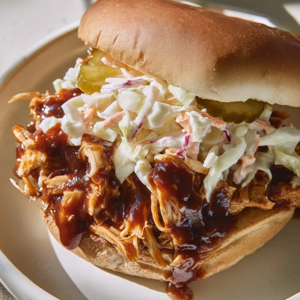 Golden-brown pulled chicken simmering in smoky barbecue sauce, ready to be piled onto toasted brioche buns for a Tailgate Pulled Chicken Sandwich.
