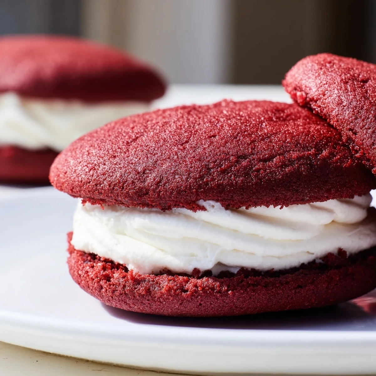 Two soft red velvet whoopie pies with fluffy marshmallow filling, ready to serve with cold milk.