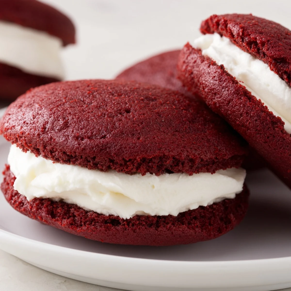 Crumbly red velvet whoopie pies stacked on a plate, showcasing their creamy marshmallow centers.