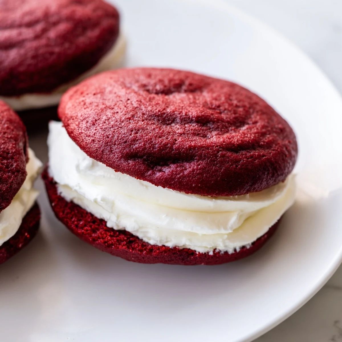 Freshly baked red velvet whoopie pies with marshmallow filling, perfect for a sweet dessert snack.