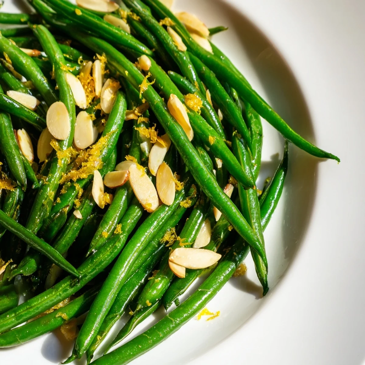 A close-up of vibrant Green Beans with Lemon and Almonds in a skillet, featuring golden nuts and a buttery citrus glaze.