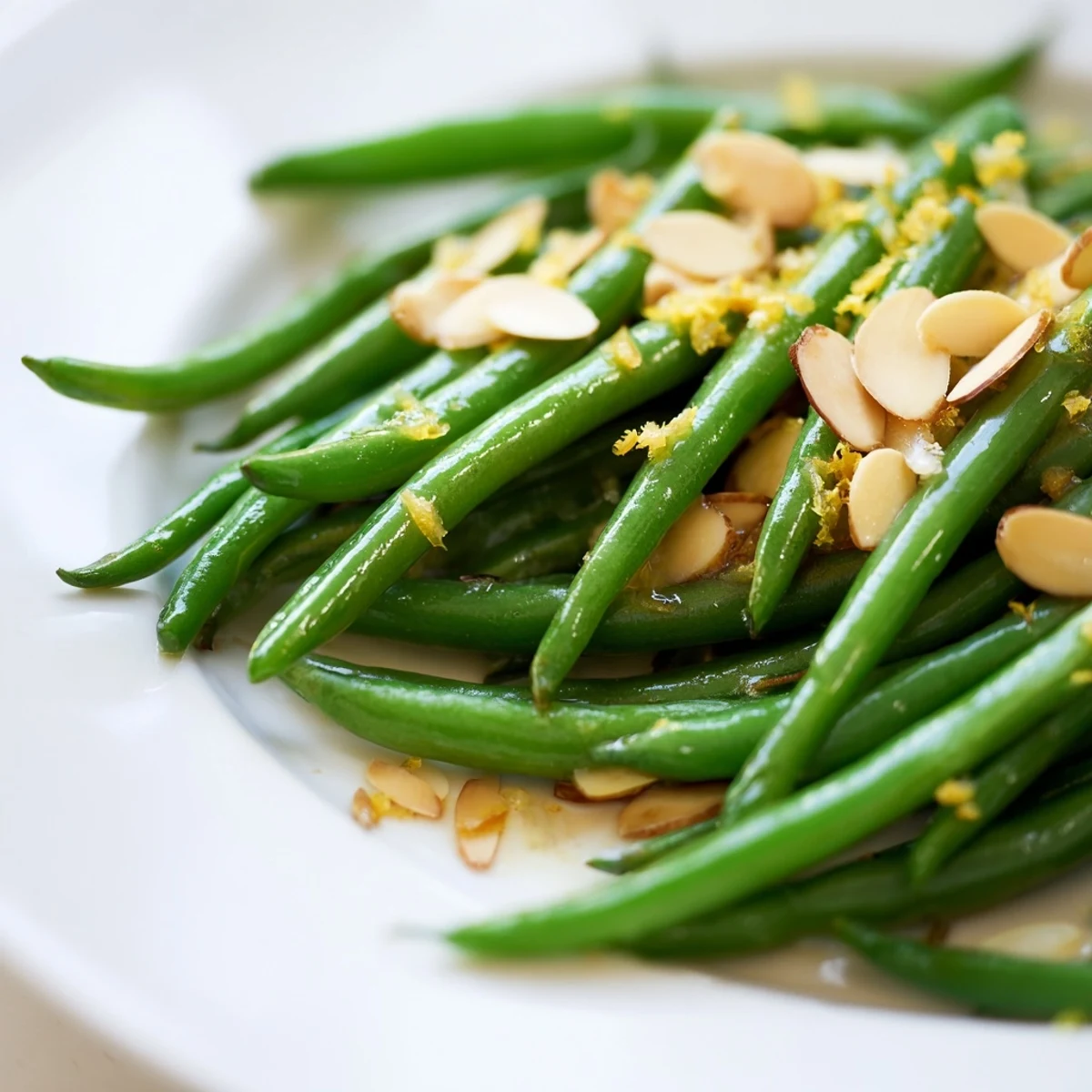 Freshly blanched green beans tossed with toasted almonds and lemon zest on a white serving platter, garnished with lemon wedges.