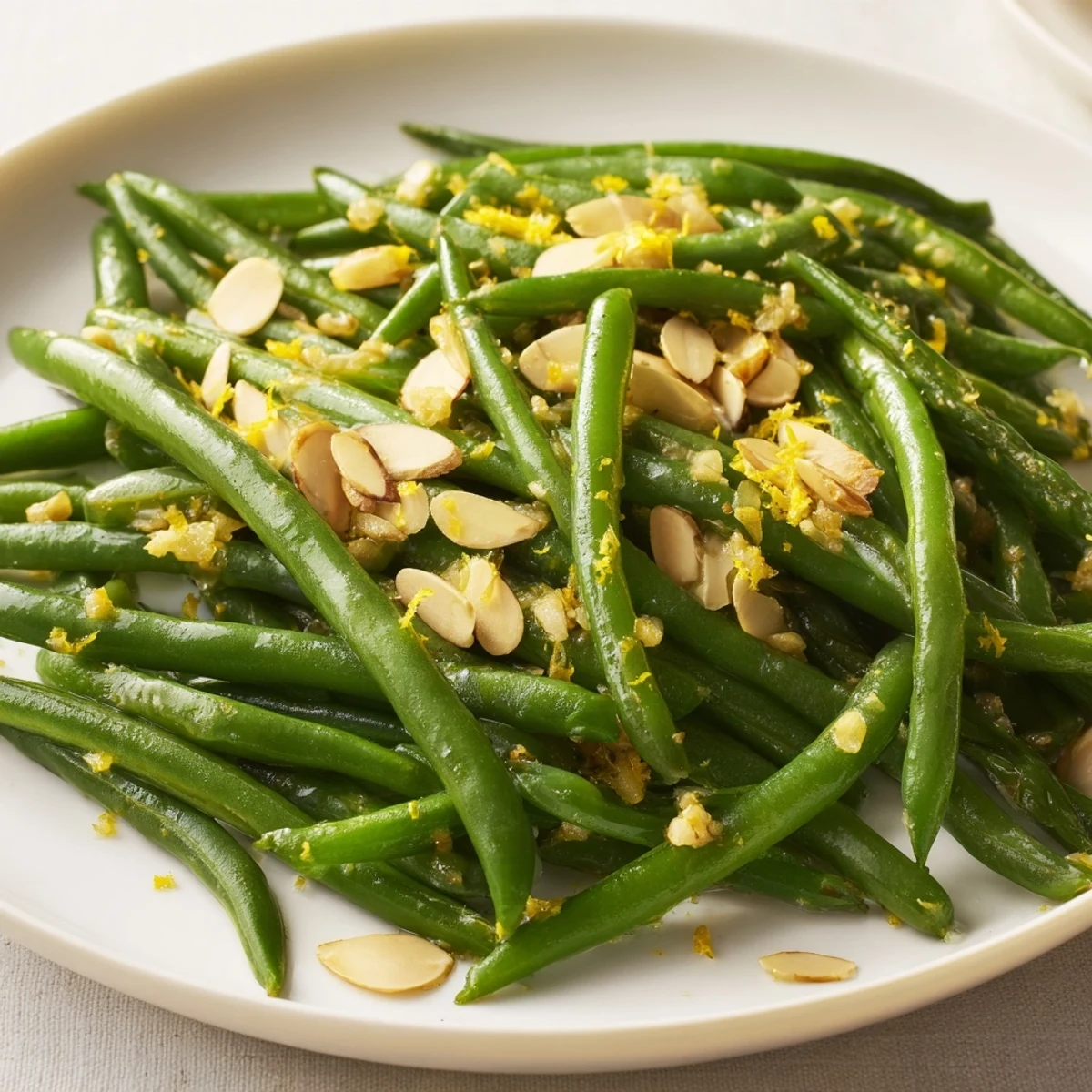 Ready-to-eat Green Beans with Lemon and Almonds side dish garnished with fresh lemon slices, perfect alongside roasted chicken or fish.
