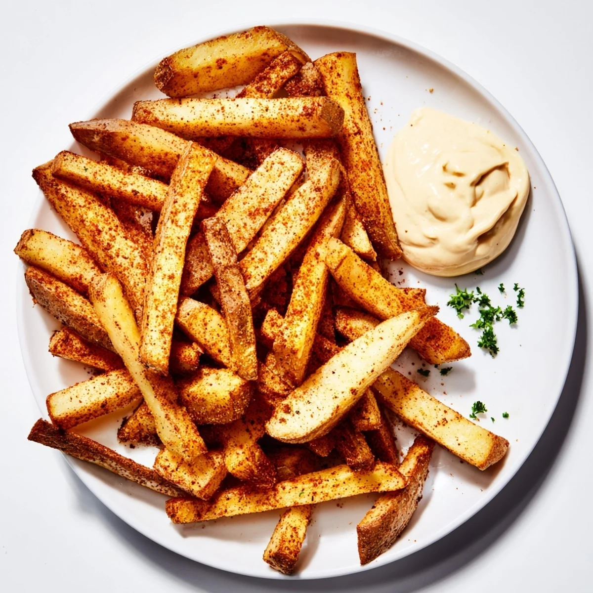 Crispy golden Cajun Spiced Fries with Remoulade piled high on a rustic plate, showcasing seasoned coating and creamy dipping sauce.