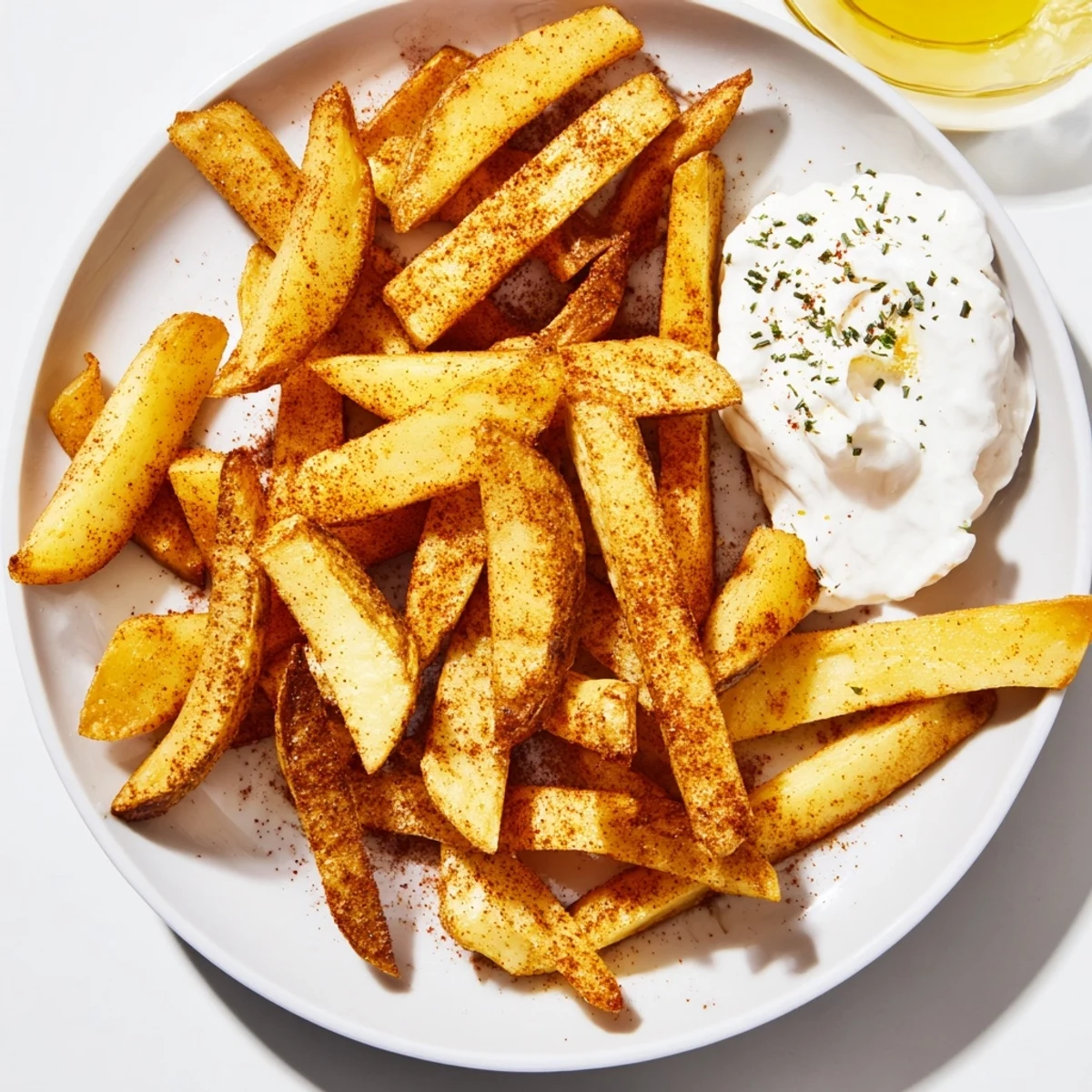 Freshly baked Cajun Spiced Fries with Remoulade seasoned with paprika, served hot alongside a zesty creamy dipping sauce.