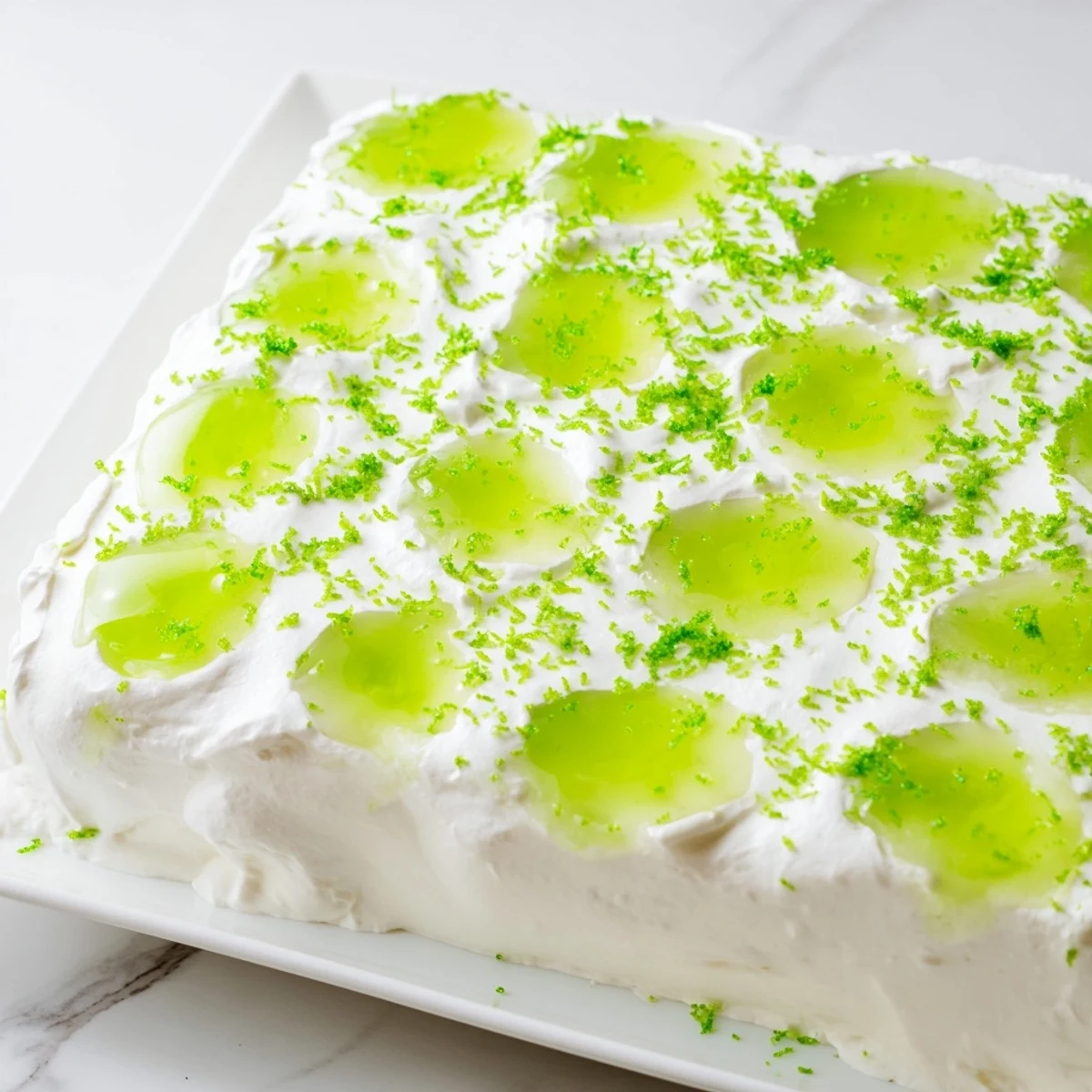 Bright green lime gelatin soaks into a moist St. Patricks Day Lime Poke Cake, topped with creamy white frosting and fresh zest.