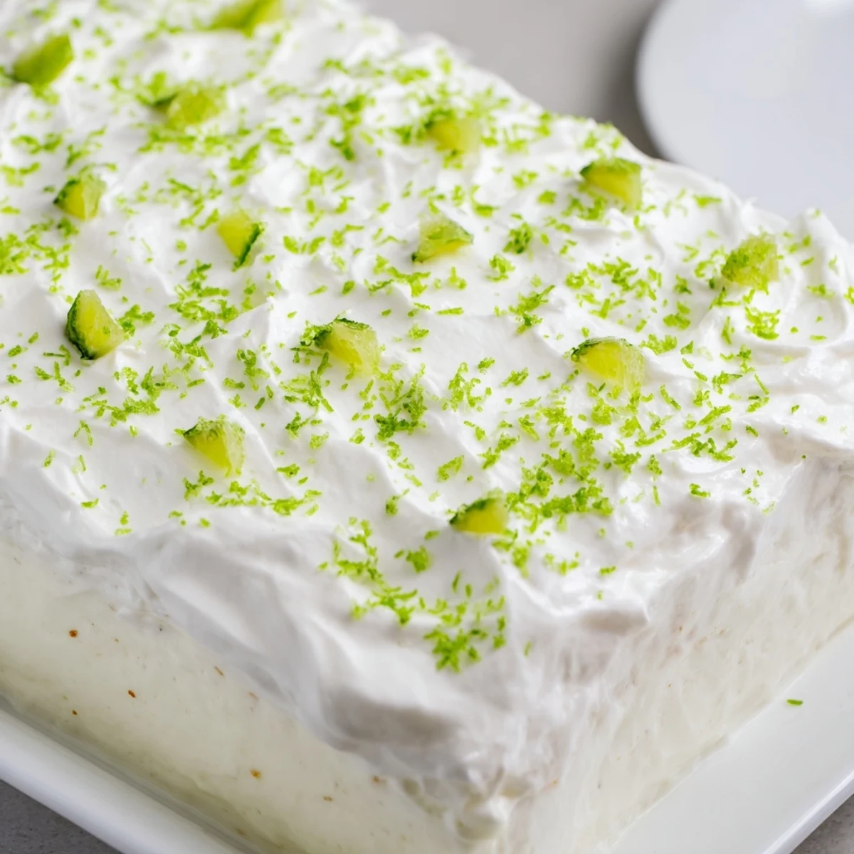 A sliced square of St. Patricks Day Lime Poke Cake reveals vibrant green pockets, perfect for a festive holiday dessert spread.
