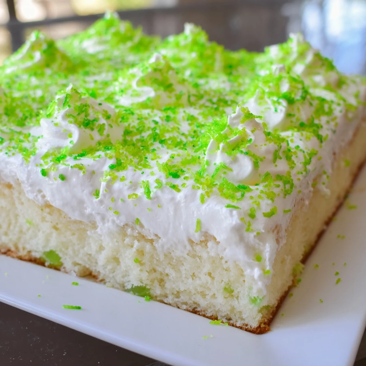 Frosted St. Patricks Day Lime Poke Cake garnished with lime zest and green sprinkles, ready to serve at a St. Patrick's party.