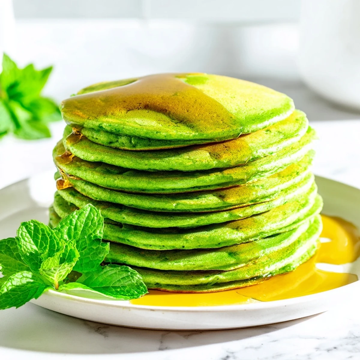 Fluffy Shamrock Green Pancakes stacked high and drizzled with warm maple syrup for a festive St. Patrick's Day breakfast.