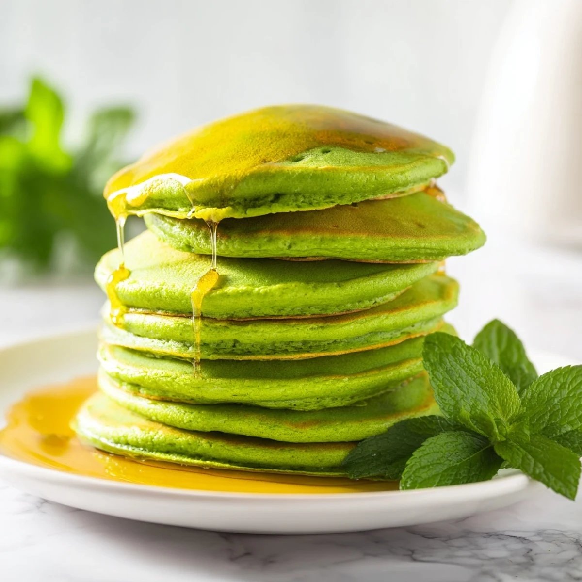 Morning sunlight highlights these bright Shamrock Green Pancakes, a fun and easy vegetarian breakfast for the whole family.