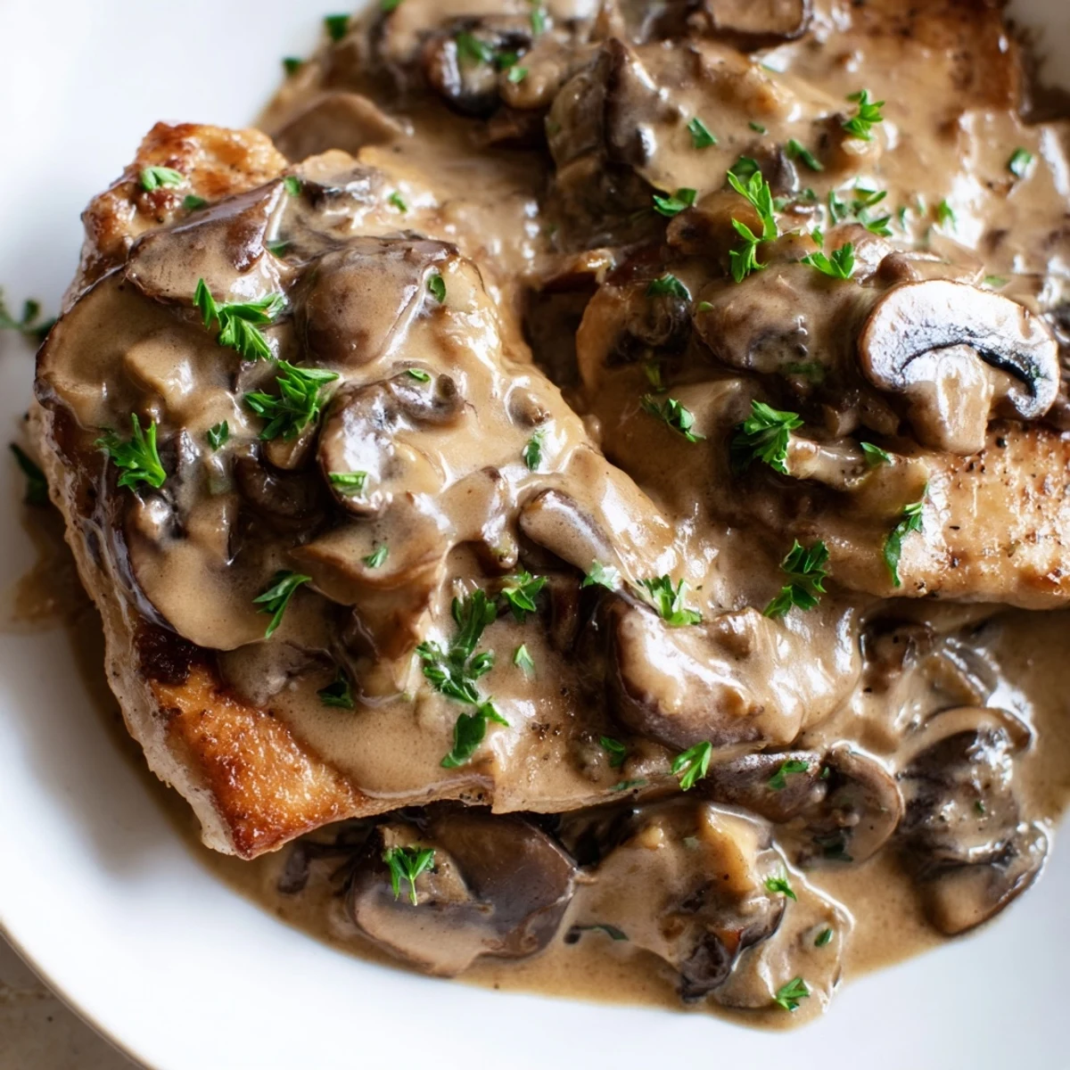 Golden, pan-seared Date Night Chicken Marsala coated in a creamy, savory mushroom sauce and garnished with fresh parsley.