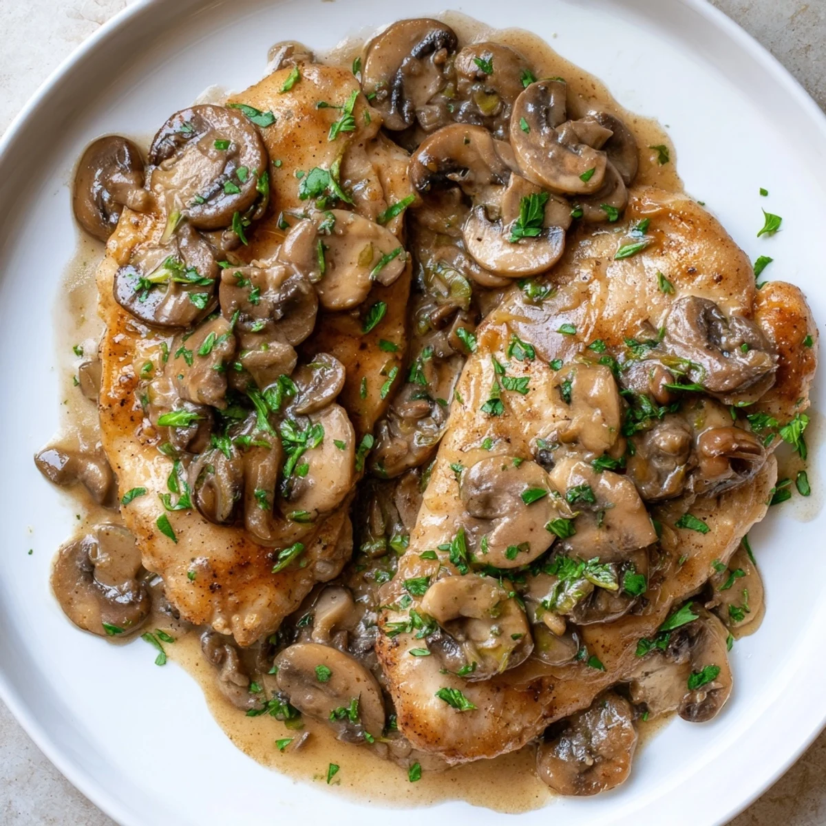Tender chicken breasts simmered in rich Date Night Chicken Marsala sauce, served over pasta with a sprinkle of green herbs.