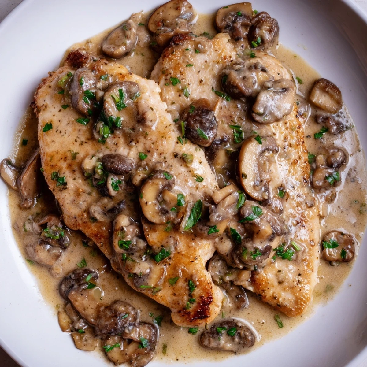 Sizzling Date Night Chicken Marsala plated with mashed potatoes and buttery mushrooms, ready for a romantic Italian-American dinner.