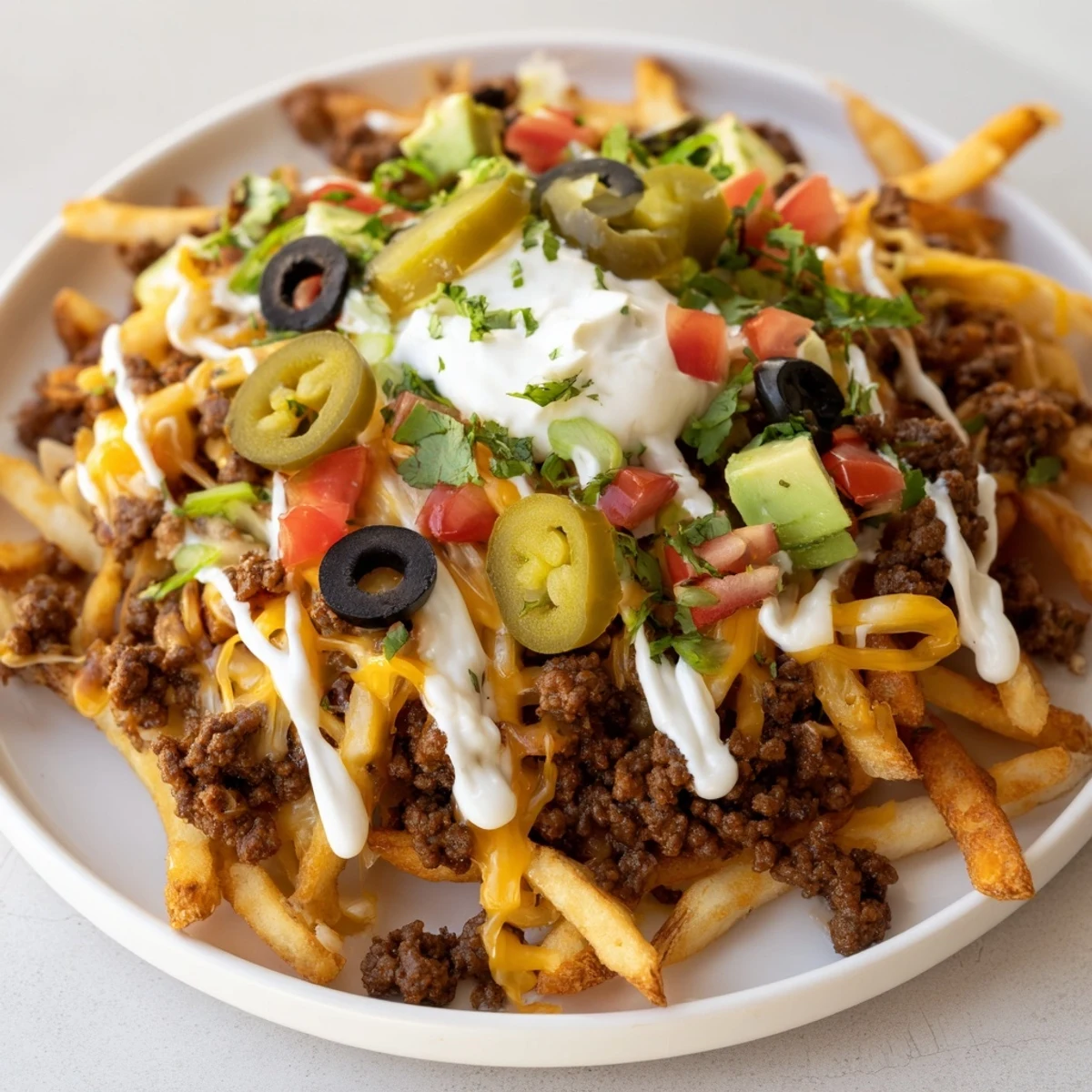 Golden, crispy Super Bowl Loaded Nacho Fries topped with seasoned ground beef and melty cheddar.
