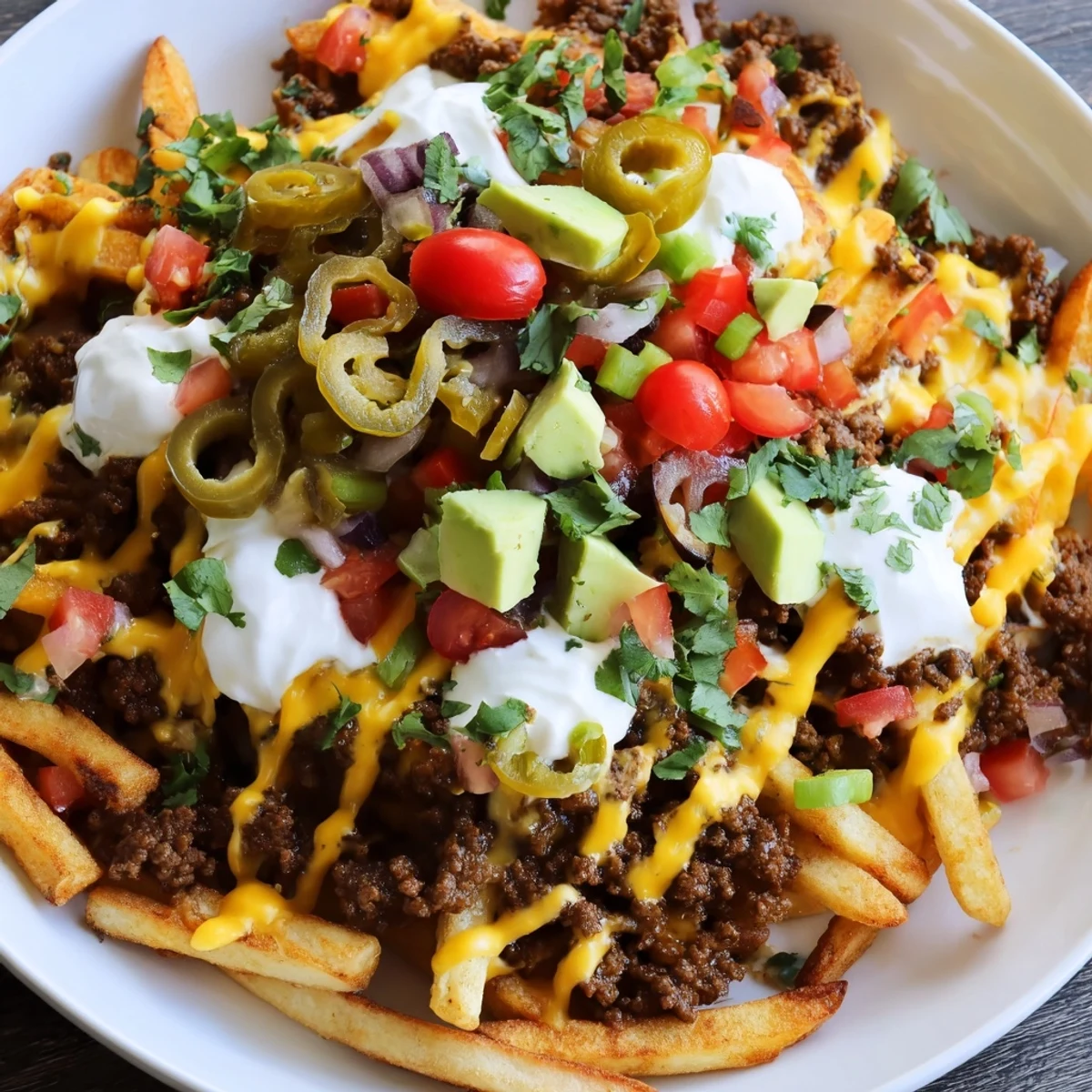 A close-up of spicy Super Bowl Loaded Nacho Fries drizzled with sour cream and jalapeños.