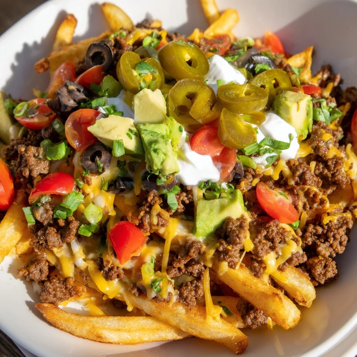 Freshly baked Super Bowl Loaded Nacho Fries piled high with tomatoes, olives, and cilantro.