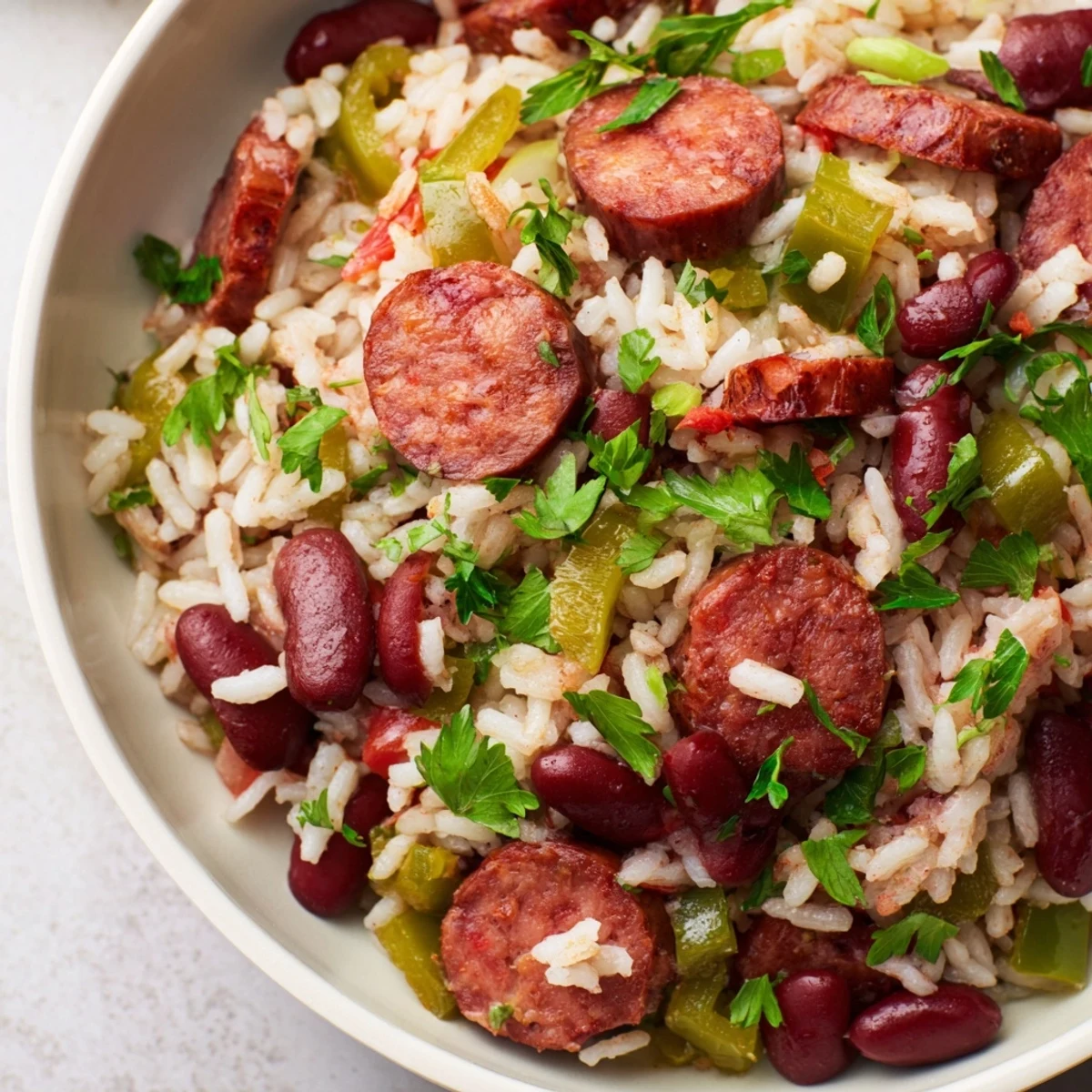 A close-up view of Mardi Gras Rice and Beans with Beef Sausage, featuring smoky sausage slices and tender kidney beans.